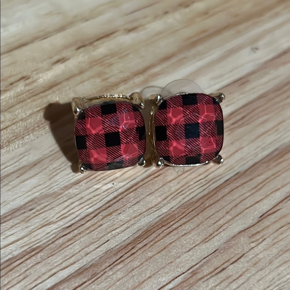 EUC Plaid Red and Black Stud Statement Earrings